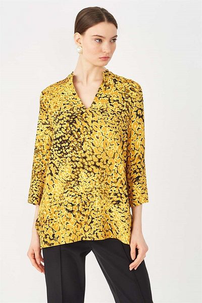 Escada Print V-Neck Loose-Fitting Three-Quarter Sleeve Yellow Blouse