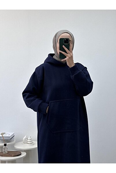 CHUL Kapüşonlu Lacivert Kışlık Sweat Elbise - Geniş Beden Aralığı