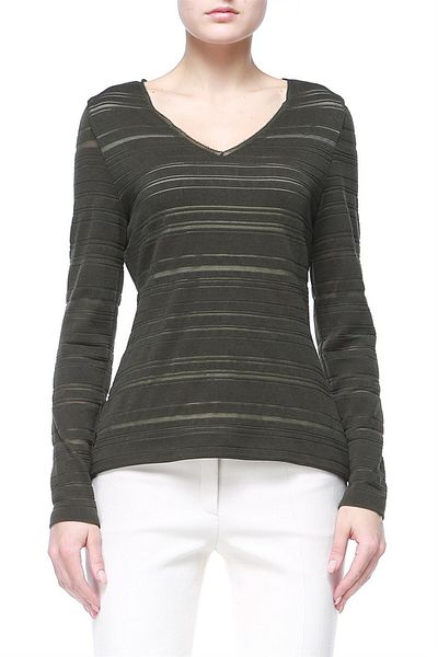 Escada Deep V-Neck Long Sleeve Khaki Blouse