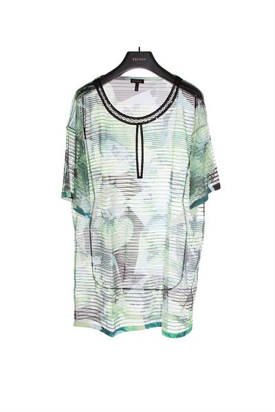 Escada Sequin Embroidered Loose Cut Short Sleeve Transparent Green Blouse