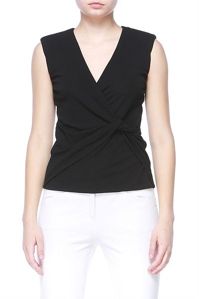 Escada Double Breasted Collar Gathered Waist Sleeveless Black Blouse