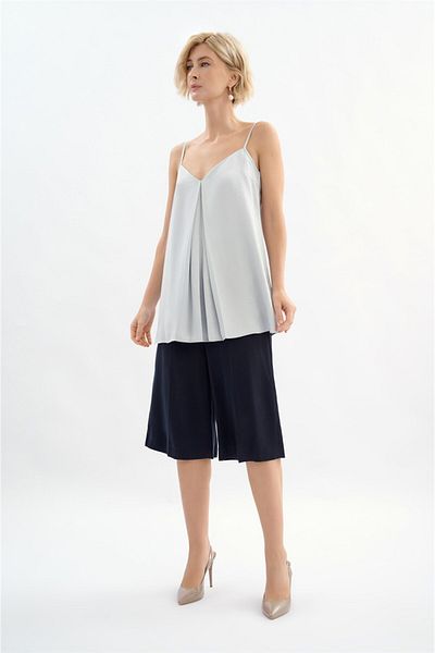 Escada Strap V-Neck Pleated Gray Blouse