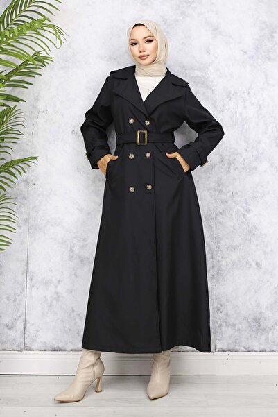 benguen 4951 Model - Black Hijab Trench Coat with Belt