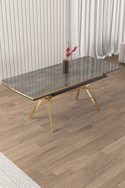 Canisa Nis Serisi 89x150 Açılabilir Lak Panel Antrasit İroni Gold Ayak Masa Takımı ve 6 Gri Sandalye