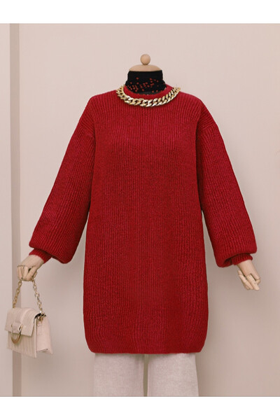 Modamorfo Balloon Sleeve Soft Knitted Knitwear Tunic -Red
