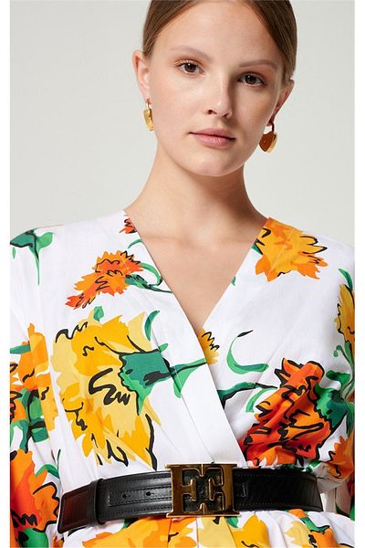 Escada Floral Print Pleat Detail Double Breasted Collar White Cotton Blouse