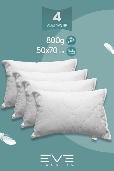 Eve Tekstil 4 bucăți Diamant Plus Husă cu fermoar Pernă din fibră siliconică antialergică lavabilă 50x70cm 800 gr