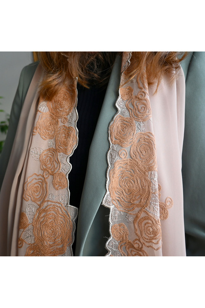 Yuss Mevlüt Örtüsü Nakışlı Işlemeli Abiye Şal (BEJ)