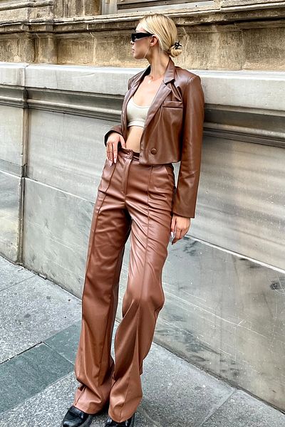 VAGGON Ψηλόμεσο με ραβδώσεις Tan Suede Palazzo Παντελόνι - Hn08044