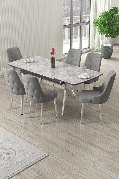 Canisa Nis Serisi 89x150 Açılabilir Lak Panel Rampla Gri Krom Ayak Masa Takımı ve 6 Gri Sandalye
