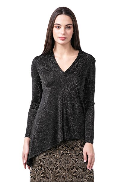 Escada Derin V Yaka Asimetrik Kesim Simli Siyah Bluz