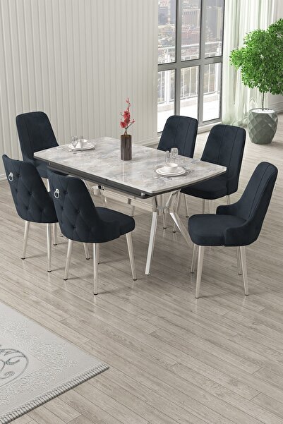 Canisa Nis Serisi 89x150 Açılabilir Lak Panel Rampla Gri Krom Ayak Masa Takımı ve 6 Antrasit Sandalye