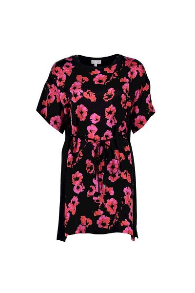 Escada Floral Print Long Black Blouse with Low Sleeve Belt