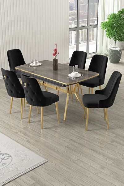Canisa Nis Serisi 89x150 Açılabilir Lak Panel Antrasit İroni Gold Ayak Masa Takımı ve 6 Siyah Sandalye