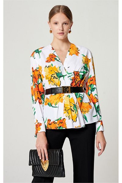 Escada Floral Print Pleat Detail Double Breasted Collar White Cotton Blouse