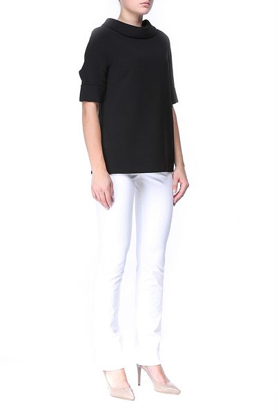 Escada Zippered Stand Collar Half Sleeve Black Wool Blouse