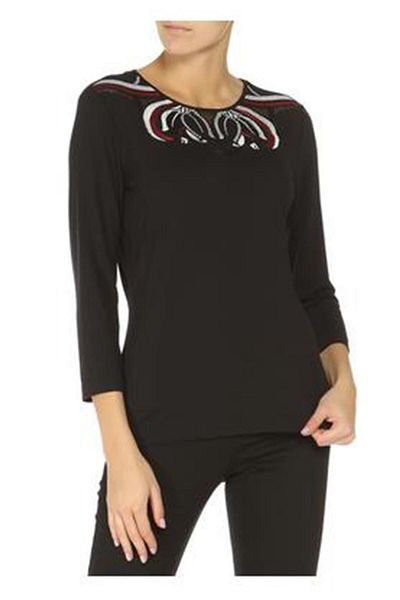 Escada Collar Patterned Three-Quarter Sleeve Black Blouse