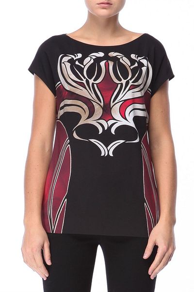 Escada Patterned Round Neck Short Sleeve Black Blouse