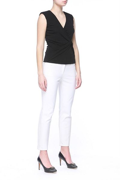 Escada Double Breasted Collar Gathered Waist Sleeveless Black Blouse