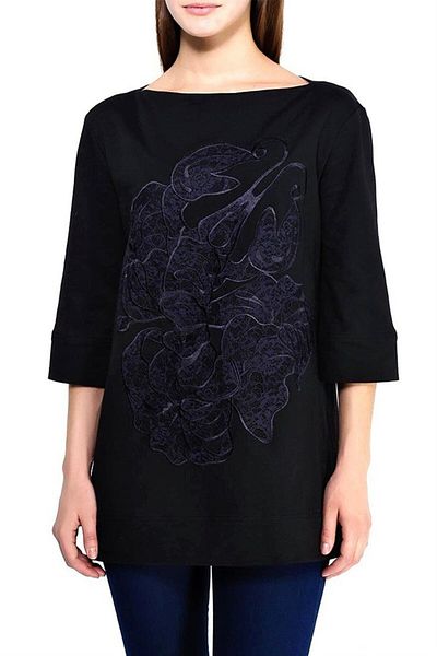Escada Embroidered Loose Cut Half Sleeve Black Cotton Blouse