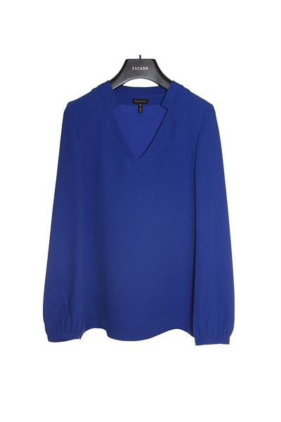 Escada Gathered Sleeve V-Neck Blue Silk Blouse