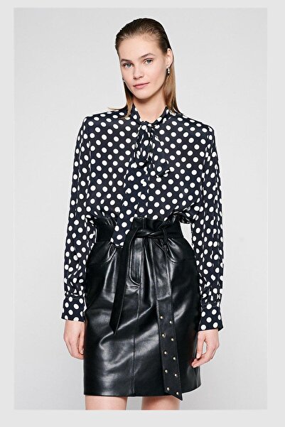 Escada Sport Puantiye Desenli Şal Yaka Uzun Kol Siyah İpek Karışımı Bluz