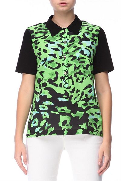 Escada Green Silk Blouse with Polo Neck Buttons