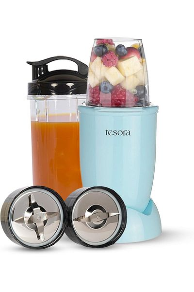 Tesora خلاط ومطحنة وخلاط Nutri-Flash بقوة 400 واط | برطمانان | غطاء للوجبات السريعة | لمسة نهائية من الفولاذ المقاوم للصدأ باللون الأزرق | قابل للفصل