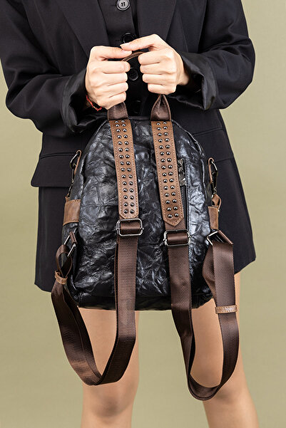 Getcho Belay Women's Black Backpack – Chain Detail, Stapled Strap, Multi-Pockets, Suitable for Daily Use