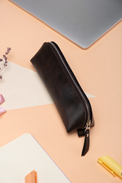 DK LEATHER Kahverengi Fermuarlı PU Deri  Minimal Kalemlik / Çanta Organizeri-...