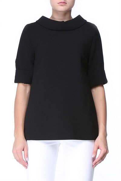 Escada Zippered Stand Collar Half Sleeve Black Wool Blouse