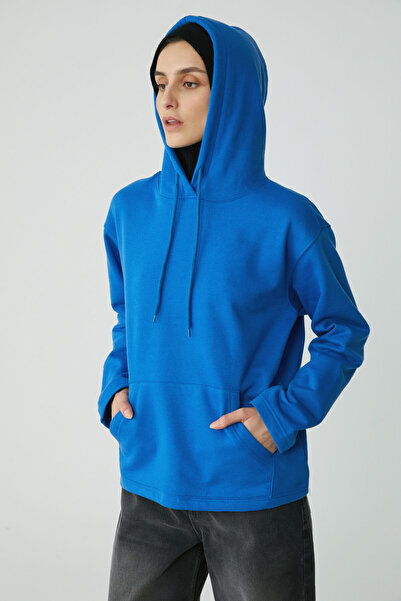 ETHIQUET Piper Γυναικεία Fleece Inside Soft Comfort Fit Hooded Kangaroo Pocket Saks Μπλε φούτερ