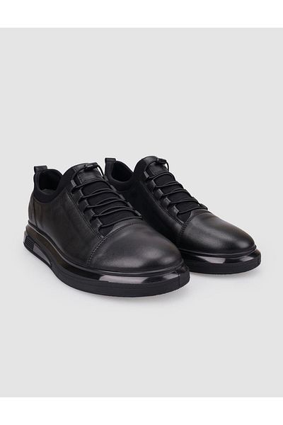 Cabani 100% Genuine Leather Black Rubber Laced Men's Casual Shoes