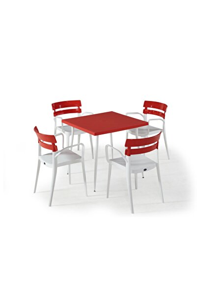 Bintaş Mobilya Beyaz Kırmızı 4 Kişilik Bahçe Masa Sandalye Seti 80x80 Masa Ot...