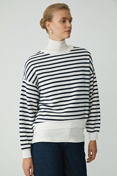 ETHIQUET Sahra Γυναικείο φούτερ από βαμβακερό φλις με μαλακό oversized στρογγυλό λαιμόκοψη σε μπλε ναυτικό / εκρού