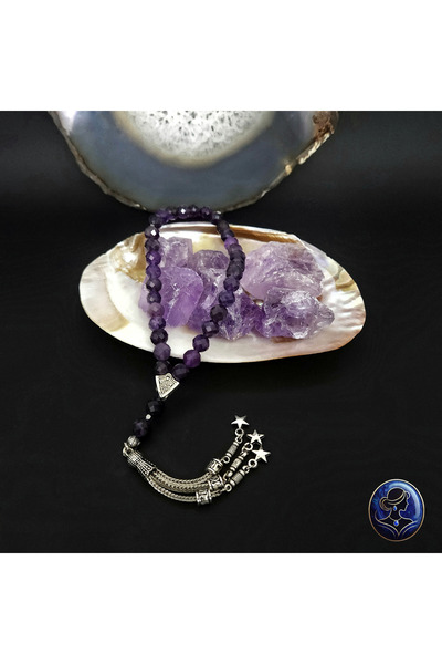 Lapisya Doğal Taş Faset Kesim 8mm Ametist Yıldız Püsküllü Imame Detaylı Doğal Taş Tespih