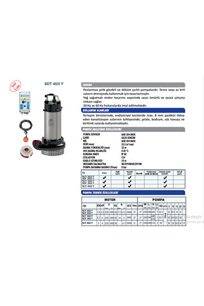 Sumak SDF 30/2-Y Az Kirli Su 2" Çıkışlı MONOFAZE (220v) DRENAJ DALGIÇ POMPA