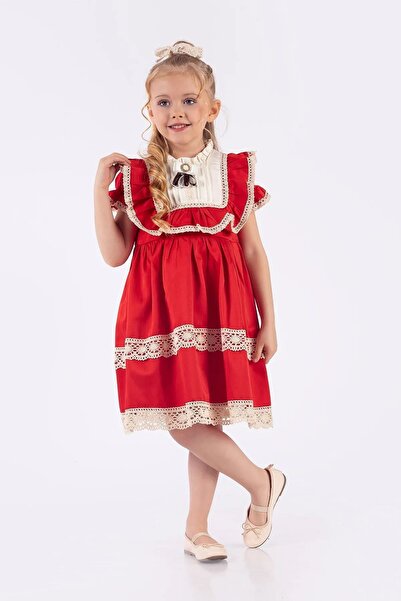 Minigimin Cicileri Rochie roșie pentru copii cu mânecă scurtă cu detaliu broș...