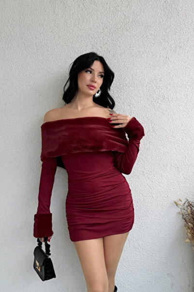 MOZENA Rochie mini fără bretele cu guler de blană