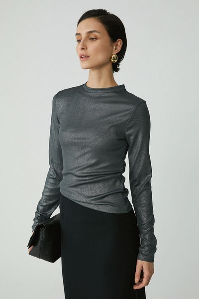 ETHIQUET Modest Faye Women's Coated Corduroy Look Polyester Slim Cut Basic Anthracite Blouse