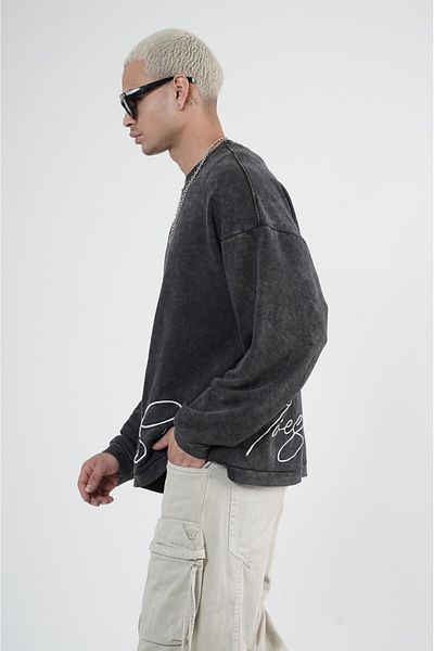 Butik Trend We Bicycle Neck Washed Embroidered Oversize Fit Sweatshirt
