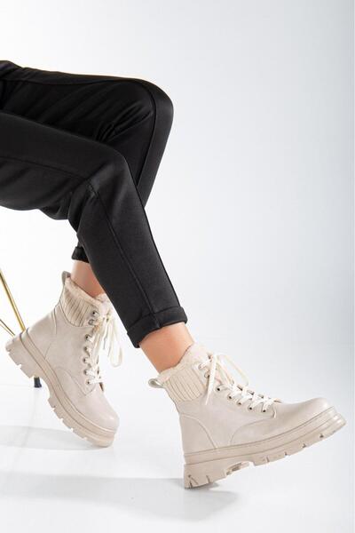 CZ London Kadın Kumaş Detaylı Günlük Bot Kalın Taban Tam Kalıp Tırtık Taban Bot