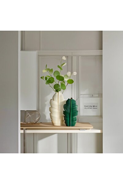Lui Tasarım Modern Iskandinav Bohem Yaprak Vazo 2li Set  Krem Yeşil