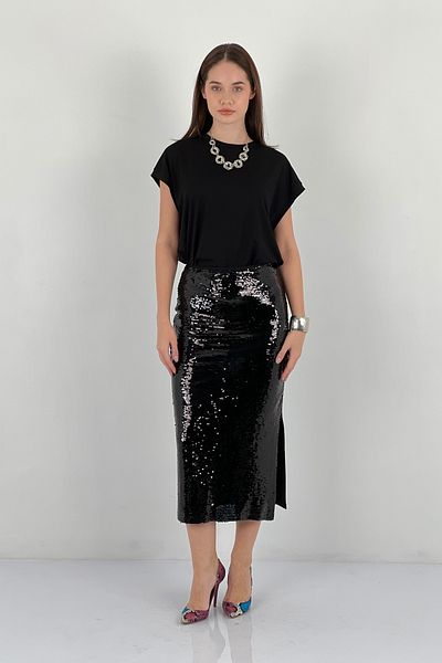 Miss Poem Women's Long Slit Detailed Black Sequined Skirt