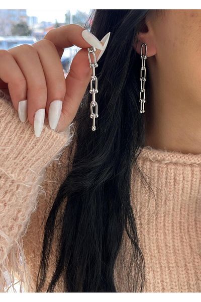 YASİN TOPÇU Steel Silver Swinging Chain Earrings