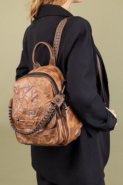 Getcho Subset Women's Brown Chain Detailed Leather Backpack – Stylish, Multi-Pocket, Covered Daily Bag