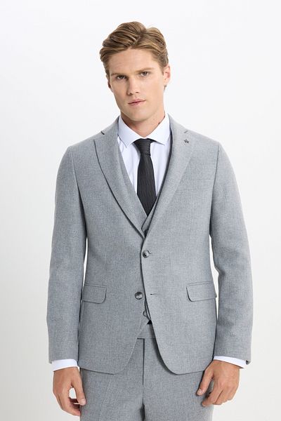 ALTINYILDIZ CLASSICS Men's Gray Wool Slim Fit Slim Fit Mono Collar Print Vest Suit
