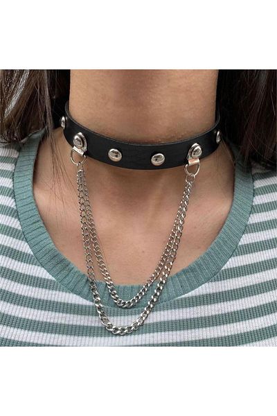 Karakedi New Double Chain Round Staple Detailed Black Leather Leash