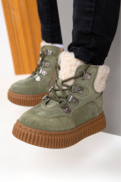 kids A more Dinos Peluş Kürk Yaka Detaylı Bağcıklı Ve Fermuarlı Deri Kız Çocuk Bot Açık Haki