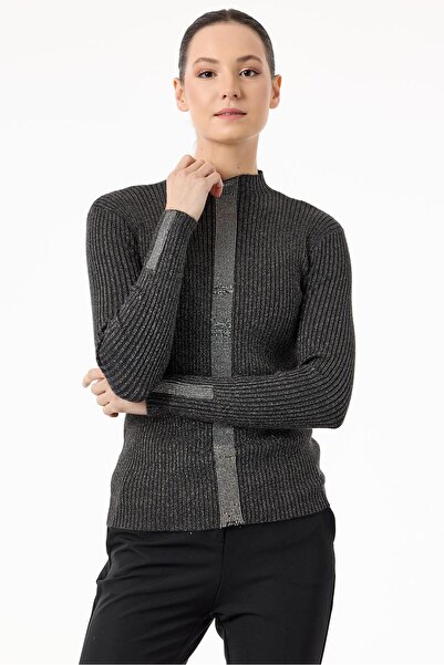 Tığ Triko Önü Taş Şeritli Triko Tunik SİYAH